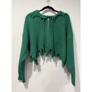 Cropped Knit Zip Up Sweater Hoodie Womens M/L Green Oversized Travel Minimalist